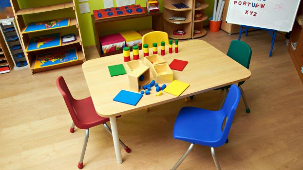 A Set Of Colorful Kindergarden Furniture Placed On The Preschool Classroom.